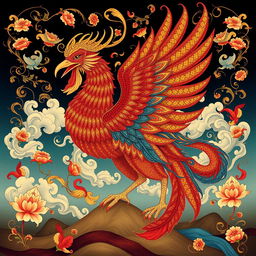 A stunning portrayal of the mythical Simorgh, a grand and colorful creature from Persian mythology, depicted in the style of traditional Iranian painting infused with elements of Khata design