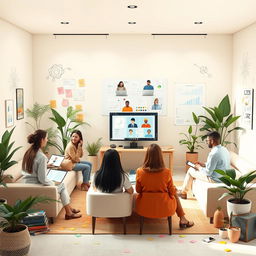 A serene and beautifully designed virtual collaboration space featuring a modern interface with soft pastel colors