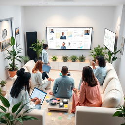 A serene and beautifully designed virtual collaboration space featuring a modern interface with soft pastel colors