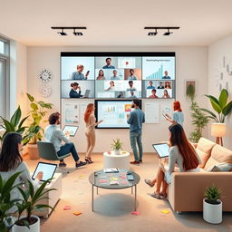 A serene and beautifully designed virtual collaboration space featuring a modern interface with soft pastel colors