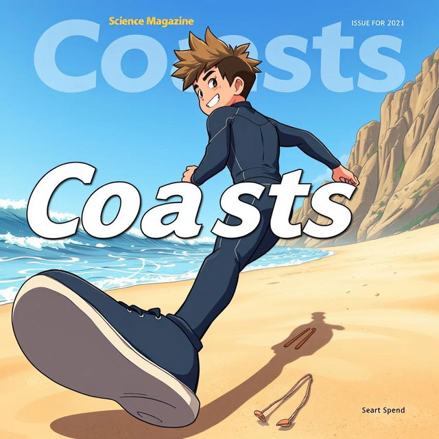 Detailed anime-style cover art for an educational science magazine issue titled 'Coasts'