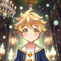 An anime boy with bright yellow eyes and soft wheat-colored hair, embodying a cute aesthetic