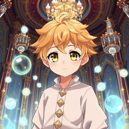 An anime boy with bright yellow eyes and soft wheat-colored hair, embodying a cute aesthetic