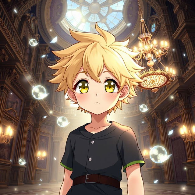 An anime boy with bright yellow eyes and soft wheat-colored hair, embodying a cute aesthetic