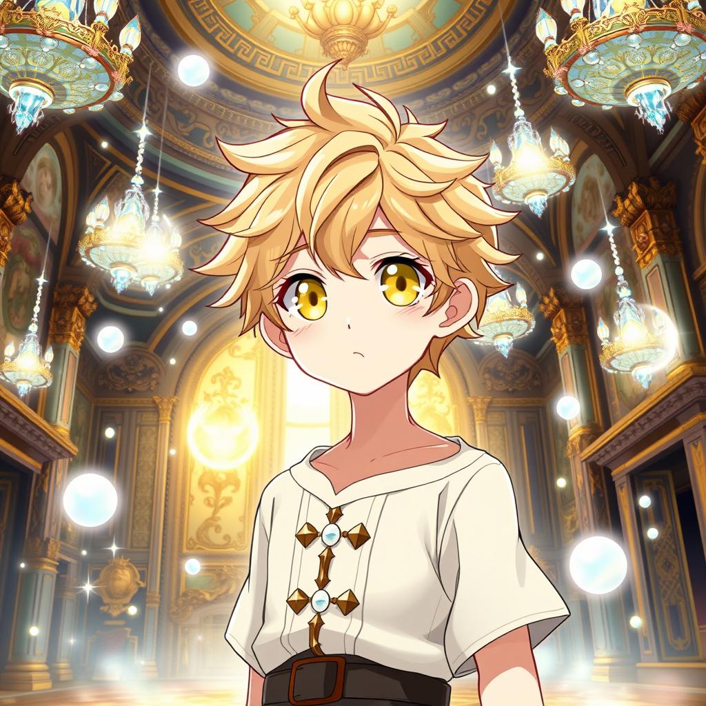 An anime boy with bright yellow eyes and soft wheat-colored hair, embodying a cute aesthetic