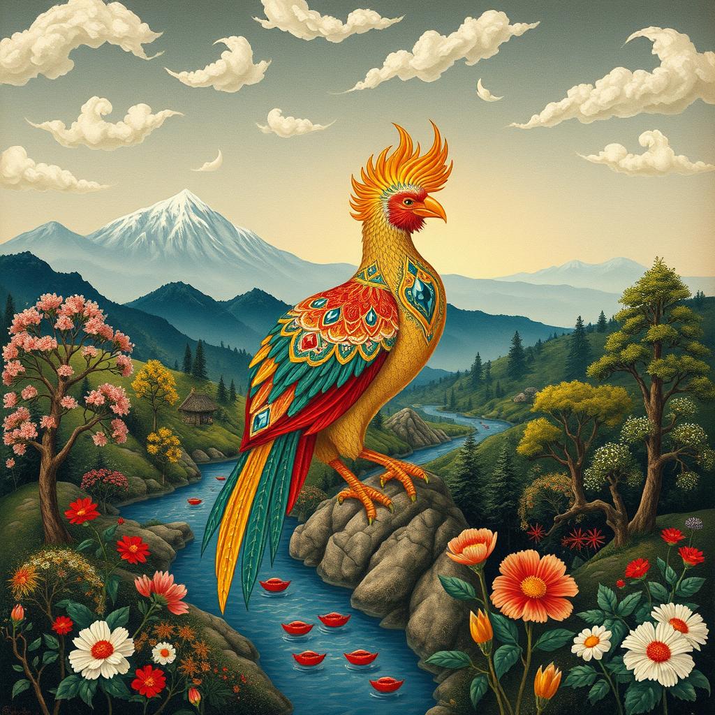 An enchanting depiction of Simurgh, the mythical bird from Persian art, portrayed in a traditional Iranian miniature style