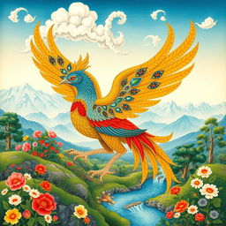 An enchanting depiction of Simurgh, the mythical bird from Persian art, portrayed in a traditional Iranian miniature style