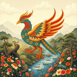 An enchanting depiction of Simurgh, the mythical bird from Persian art, portrayed in a traditional Iranian miniature style
