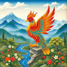 An enchanting depiction of Simurgh, the mythical bird from Persian art, portrayed in a traditional Iranian miniature style
