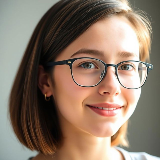 A portrait of a 20-year-old girl with straight brown hair styled to her shoulders