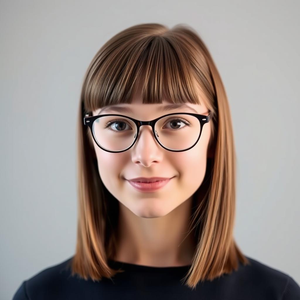 A portrait of a 20-year-old girl with straight brown hair styled to her shoulders