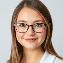 A portrait of a 20-year-old girl with straight brown hair styled to her shoulders