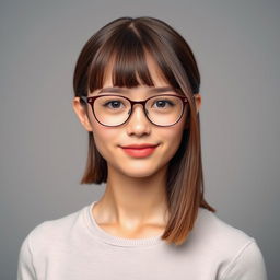 A portrait of a 20-year-old girl with straight brown hair styled to her shoulders