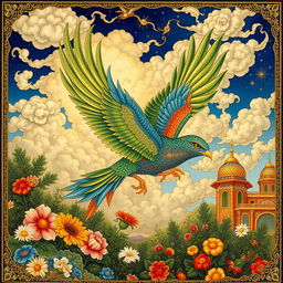 A stunning depiction of a Simurgh (mythical Persian bird) in traditional Persian miniature painting, beautifully combined with intricate gilding (tazhib) details