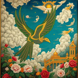 A stunning depiction of a Simurgh (mythical Persian bird) in traditional Persian miniature painting, beautifully combined with intricate gilding (tazhib) details