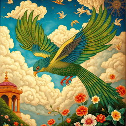 A stunning depiction of a Simurgh (mythical Persian bird) in traditional Persian miniature painting, beautifully combined with intricate gilding (tazhib) details