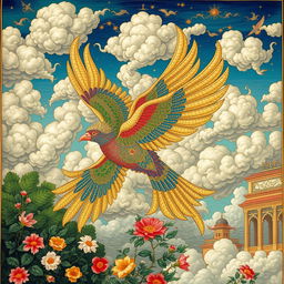 A stunning depiction of a Simurgh (mythical Persian bird) in traditional Persian miniature painting, beautifully combined with intricate gilding (tazhib) details