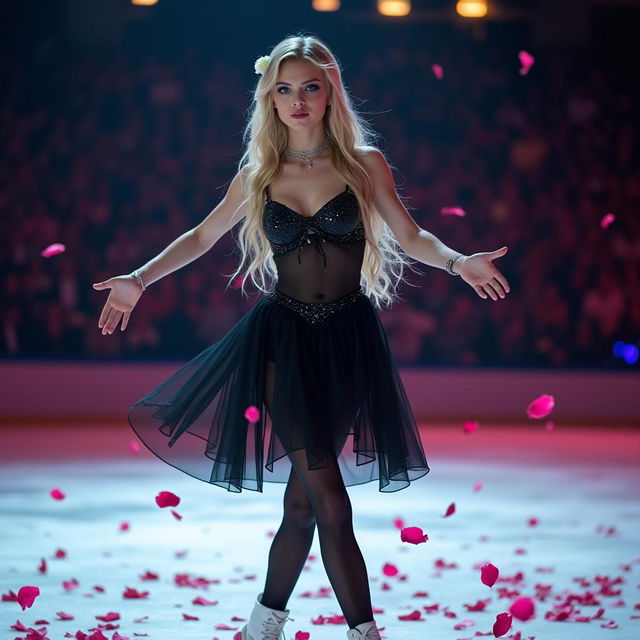 A full-length photograph of an alluring, beautiful 18-year-old girl with long, shiny blonde hair, a thin face, and a captivating presence