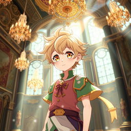 An anime boy with striking yellow eyes and soft wheat-colored hair, exuding a cute and charming personality