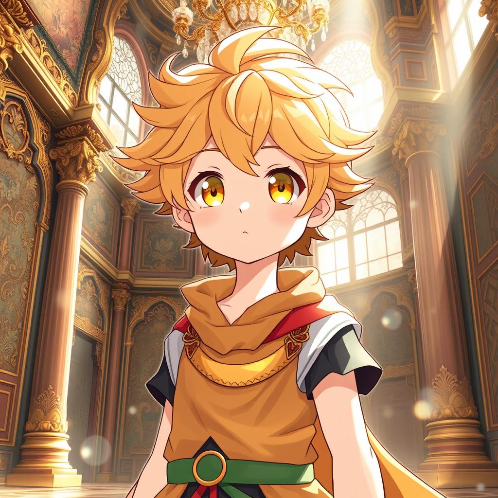 An anime boy with striking yellow eyes and soft wheat-colored hair, exuding a cute and charming personality