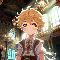 An anime boy with striking yellow eyes and soft wheat-colored hair, exuding a cute and charming personality