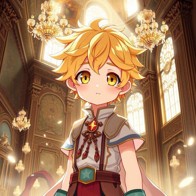 An anime boy with striking yellow eyes and soft wheat-colored hair, exuding a cute and charming personality