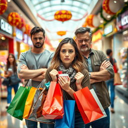 A scene capturing a woman shopping, holding several bags filled with colorful products, looking excited yet slightly apprehensive