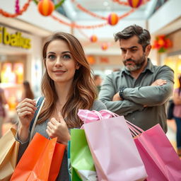 A scene capturing a woman shopping, holding several bags filled with colorful products, looking excited yet slightly apprehensive