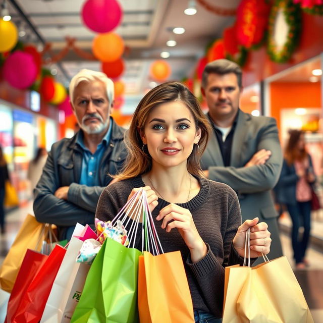 A scene capturing a woman shopping, holding several bags filled with colorful products, looking excited yet slightly apprehensive