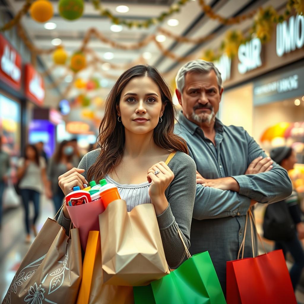 A scene capturing a woman shopping, holding several bags filled with colorful products, looking excited yet slightly apprehensive