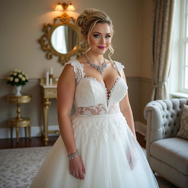 A full-length photograph of a soft curvy young woman, thin faced and 19 years old, with blond hair styled in an elegant updo