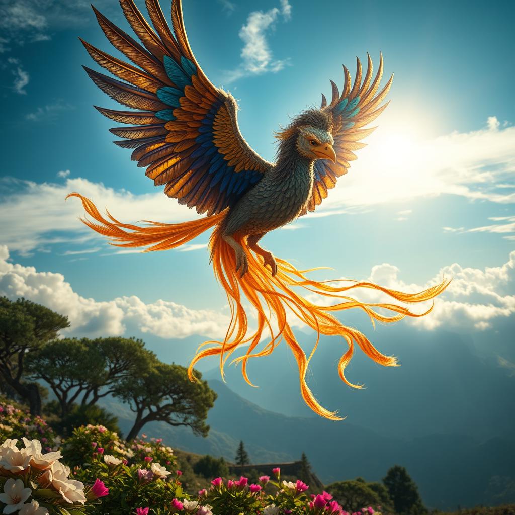 A majestic Simorgh soaring through a vibrant sky, featuring intricate feather patterns that blend with hues of gold, iridescent blue, and deep royal purple