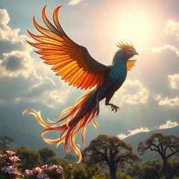 A majestic Simorgh soaring through a vibrant sky, featuring intricate feather patterns that blend with hues of gold, iridescent blue, and deep royal purple