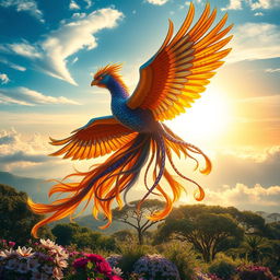 A majestic Simorgh soaring through a vibrant sky, featuring intricate feather patterns that blend with hues of gold, iridescent blue, and deep royal purple