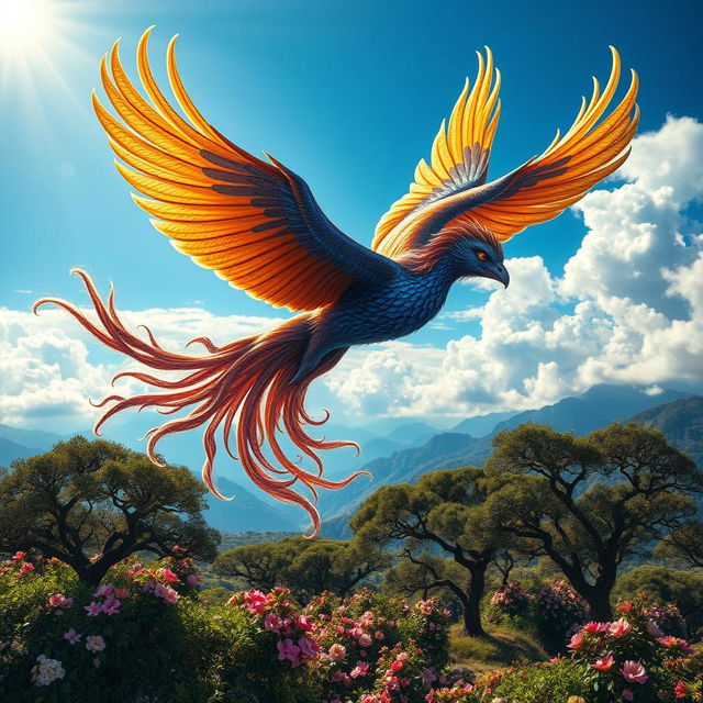 A majestic Simorgh soaring through a vibrant sky, featuring intricate feather patterns that blend with hues of gold, iridescent blue, and deep royal purple