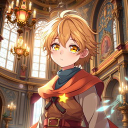 An anime teenage boy with bright yellow eyes and soft wheat-colored hair, displaying a cute and charming demeanor