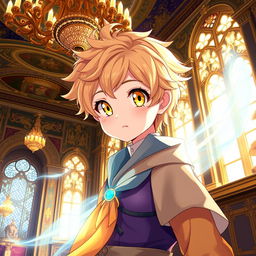 An anime teenage boy with bright yellow eyes and soft wheat-colored hair, displaying a cute and charming demeanor