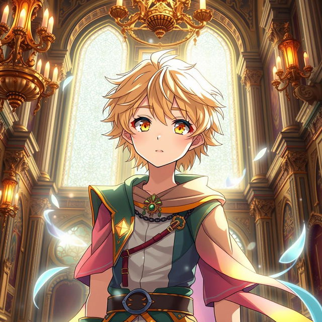 An anime teenage boy with bright yellow eyes and soft wheat-colored hair, displaying a cute and charming demeanor