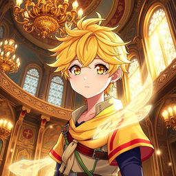 An anime teenage boy with bright yellow eyes and soft wheat-colored hair, displaying a cute and charming demeanor