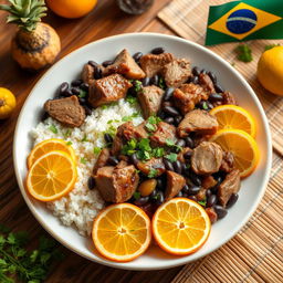 A beautifully arranged plate of authentic Brazilian feijoada, showcasing the vibrant colors of black beans, various cuts of pork and beef, served with rice, sliced oranges, and finely chopped parsley