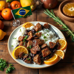 A beautifully arranged plate of authentic Brazilian feijoada, showcasing the vibrant colors of black beans, various cuts of pork and beef, served with rice, sliced oranges, and finely chopped parsley