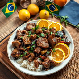 A beautifully arranged plate of authentic Brazilian feijoada, showcasing the vibrant colors of black beans, various cuts of pork and beef, served with rice, sliced oranges, and finely chopped parsley