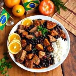 A beautifully arranged plate of authentic Brazilian feijoada, showcasing the vibrant colors of black beans, various cuts of pork and beef, served with rice, sliced oranges, and finely chopped parsley