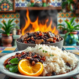 An artistic representation of traditional Brazilian feijoada, featuring a large pot filled with rich, dark black beans mixed with various cuts of pork and beef, simmering over a flame