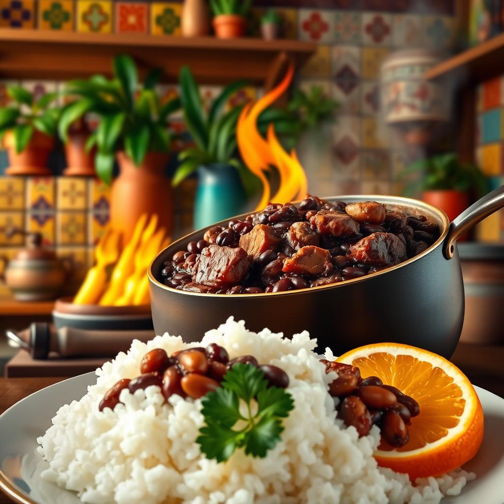 An artistic representation of traditional Brazilian feijoada, featuring a large pot filled with rich, dark black beans mixed with various cuts of pork and beef, simmering over a flame