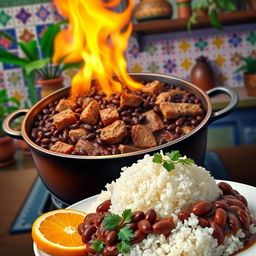 An artistic representation of traditional Brazilian feijoada, featuring a large pot filled with rich, dark black beans mixed with various cuts of pork and beef, simmering over a flame