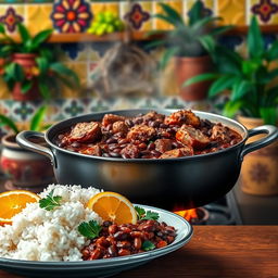 An artistic representation of traditional Brazilian feijoada, featuring a large pot filled with rich, dark black beans mixed with various cuts of pork and beef, simmering over a flame