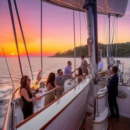 Nautical themed cocktail party at sunset with finely dressed guests holding vibrant tropical cocktails, on a luxury yacht with a rich teak deck, under a vibrant orange and purple sky on calm blue seas.