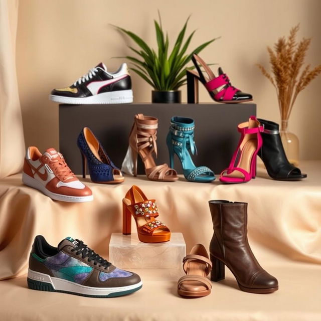 A collection of stylish and fashionable shoes displayed artistically, showcasing various designs including sneakers, high heels, sandals, and boots