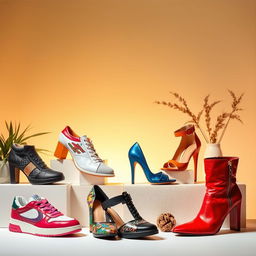 A collection of stylish and fashionable shoes displayed artistically, showcasing various designs including sneakers, high heels, sandals, and boots